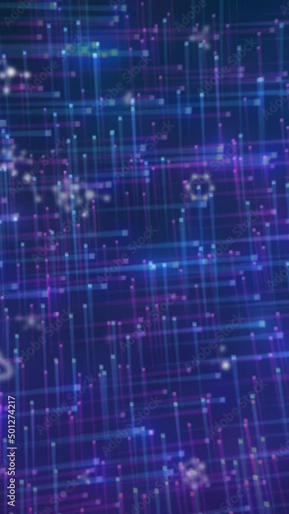 Animation of molecules moving on navy background with lights Animation of molecules moving on navy background with lights