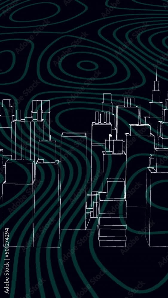 Animation of metaverse city rotating on black background with isohypses Animation of metaverse city rotating on black background with isohypses