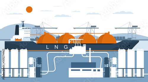 A gas carrier ship is unloading in a terminal for receiving liquefied gas. Vector illustration.