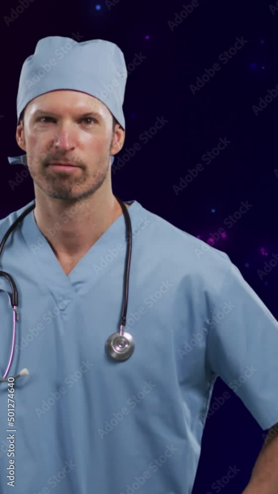 Animation of caucasian male doctor over light spots on black background Animation of caucasian male doctor over light spots on black background