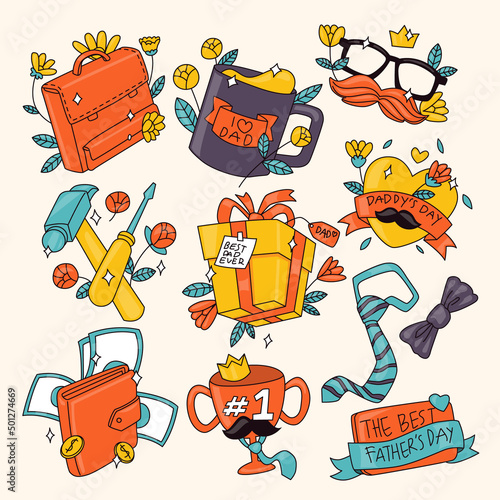 Line Art chunky Hippie Retro Happy Father's day stickers, psychedelic groovy set bundle elements. Cute vintage icons Sticker Label in 70s, 80s, 90s style. Flat vector illustration, design templates.