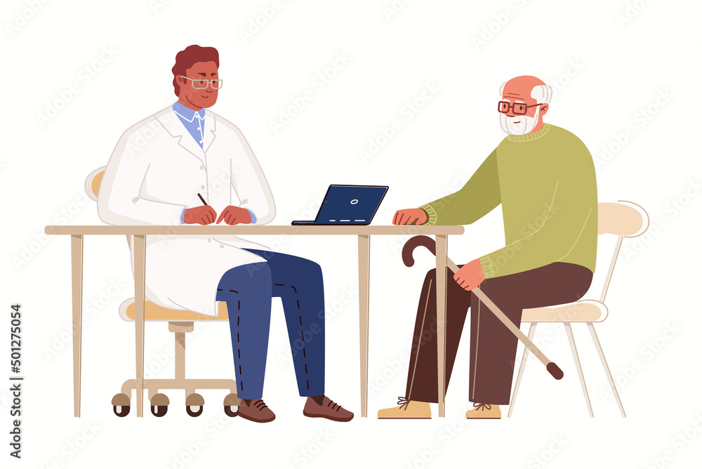 Elderly man in doctor's office. Physician consults patient, writes out prescription on computer. Concept of geriatric care. Vector characters flat cartoon illustration.