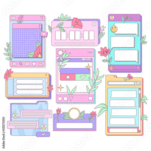 Isolated Vintage Retro Social Media templates, UI Frames and elements pop up window, search bar, countdown, pop up, quiz and question interface with pink purple vivid color