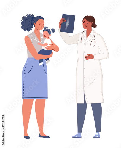 Doctor looks, analyzes and diagnoses by X-ray of child's bones. Mother with baby at consultation in clinic. Vector characters flat cartoon illustration.
