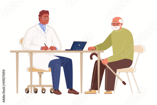 Elderly man in doctor's office. Physician consults patient, writes out prescription on computer. Concept of geriatric care. Vector characters flat cartoon illustration.