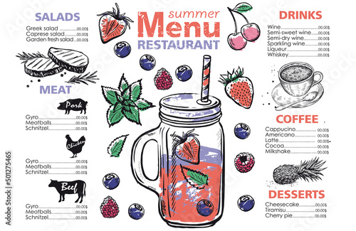 Smoothie, menu Juice, Hand drawn style.