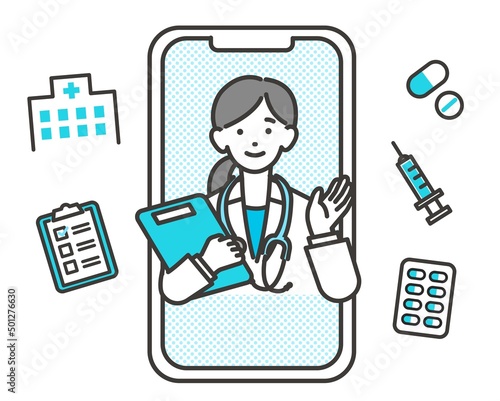 スマートフォンでリモート診察（診断）をする女性医師のベクターイラスト素材／医療／薬