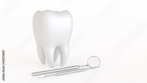 Tooth icon with medical dentist tool or inspection mirror for teeth  dental care concept  3D rendering.