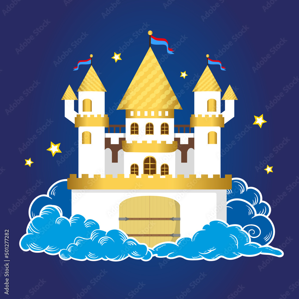 Vector white magic castle. Cartoon castle in blue clouds Vector white magic castle. Cartoon castle in blue clouds