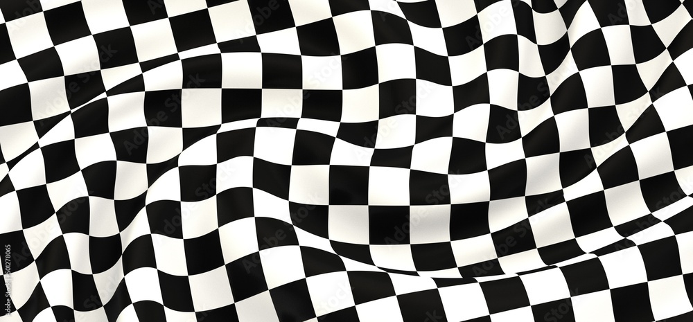 Fototapeta premium Checkered flag flying on blue background. Car race or motorsport rally flag. 3D wavy pattern background