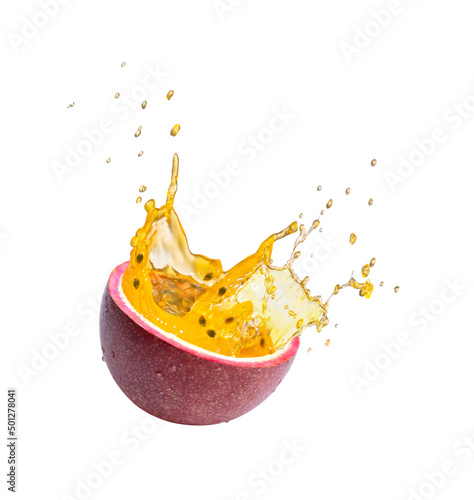 Fotografi Red passion fruit with passionfruit juice splash isolated on white background