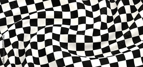 Checkered flag flying on blue background. Car race or motorsport rally flag. 3D wavy pattern background