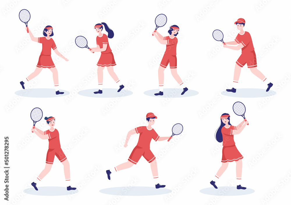 Tennis Player with Racket in Hand and Ball on Court. People doing Sports Match in Flat Cartoon Illustration