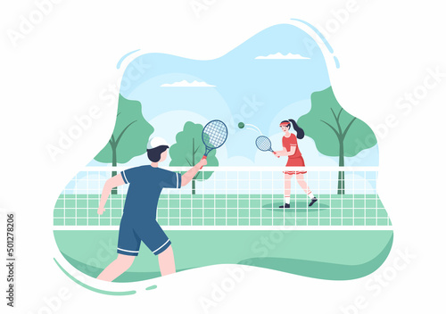 Tennis Player with Racket in Hand and Ball on Court. People doing Sports Match in Flat Cartoon Illustration