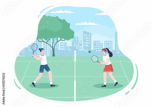 Tennis Player with Racket in Hand and Ball on Court. People doing Sports Match in Flat Cartoon Illustration