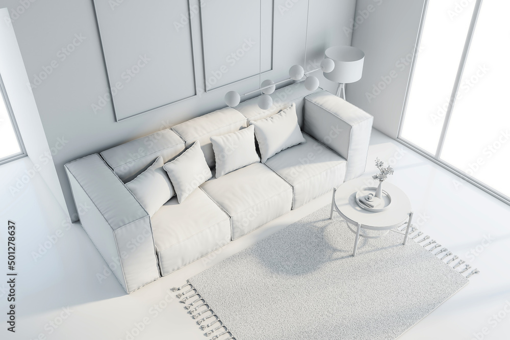Top view on modern all-white interior design of living room with light