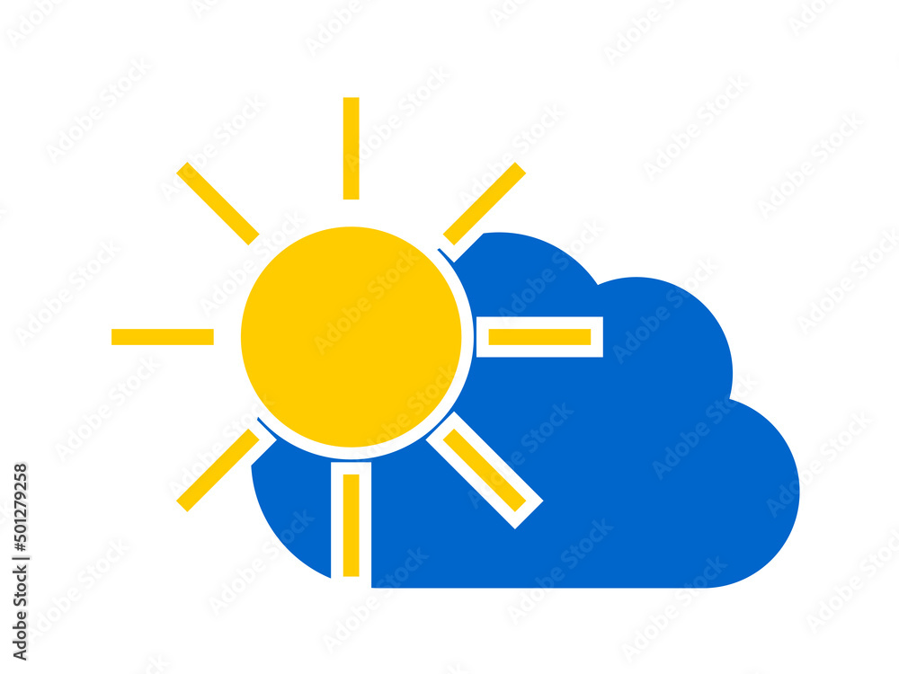 Blue cloud and yellow sun. Clear weather forecast icon isolated on white background. Blue cloud and yellow sun. Clear weather forecast icon isolated on white background.