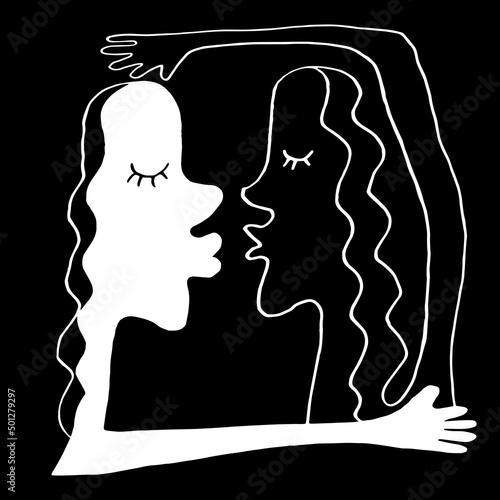 Abstract kiss and hug. Line art, doodle. Vector clipart, sign, element of design for interracial marriage theme, greeting cards, Valentine's day