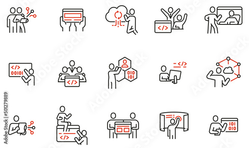 Vector set of linear icons related to engineering development, script coding and programming in javascript and python. Mono line pictograms and infographics design elements