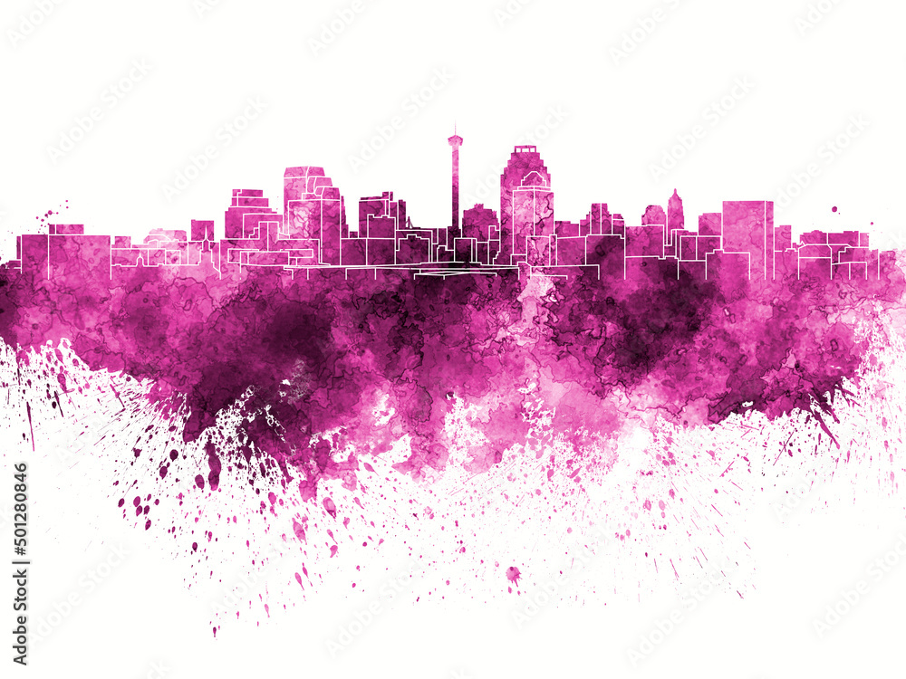 San Antonio skyline in pink watercolor on white background San Antonio skyline in pink watercolor on white background