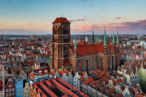Aerial view of the beautiful Gdansk city at sunset, Poland