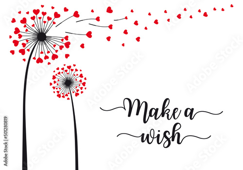 Dandelion with flying hearts, make a wish, vector