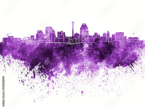 San Antonio skyline in purple watercolor on white background © Paulrommer