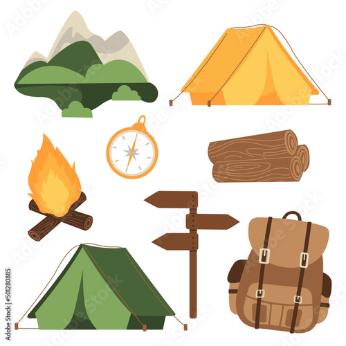 camping set equipment summer adventure bonfire backpack tent