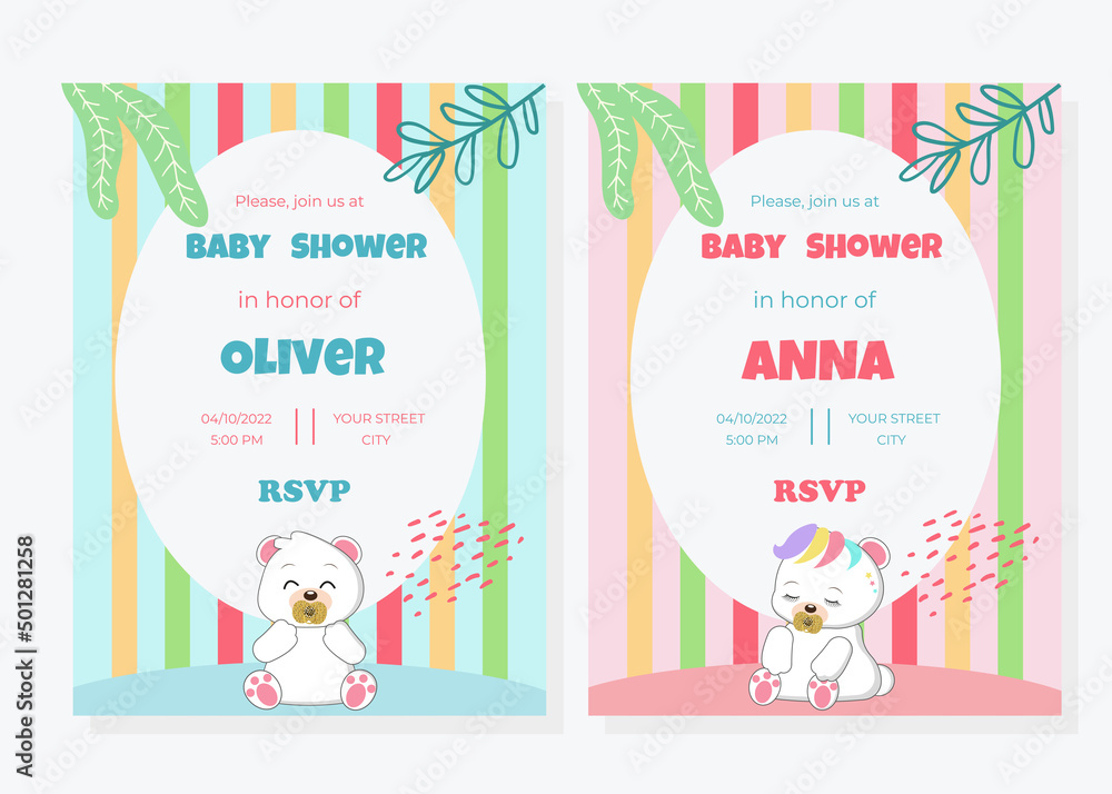 Baby shower invitation card with cute teddy bear for girl and boy
Baby shower invitation card with cute teddy bear for girl and boy