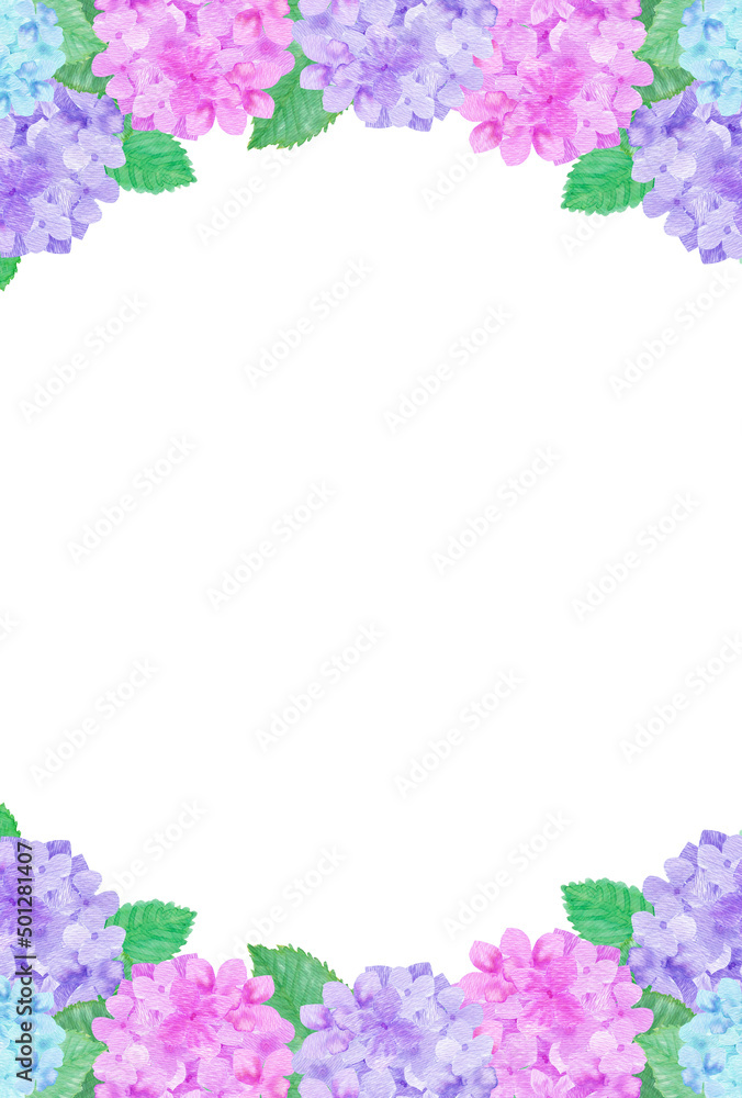 イラスト素材：水彩絵の具で描いたかわいい紫陽花の縦位置の背景　天地（紫・ピンク・水色）
