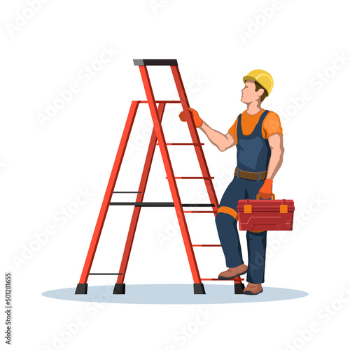 Worker with toolbox use a ladder. Builder with uniform and helmet. Engineer on stepladder. Isolated industrial scene. Portrait of contractor boy