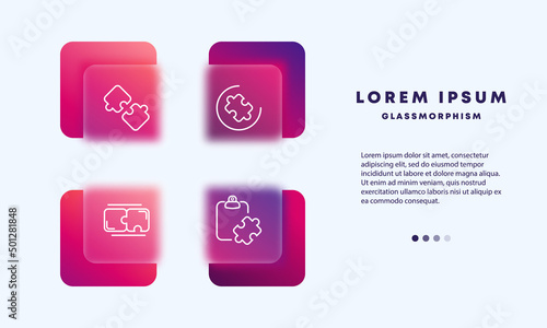 Puzzle set icon. Assembled puzzles, disassembled puzzles, puzzle and clipboard. Conundrum concept. Glassmorphism style. Vector line icon for Business and Advertising