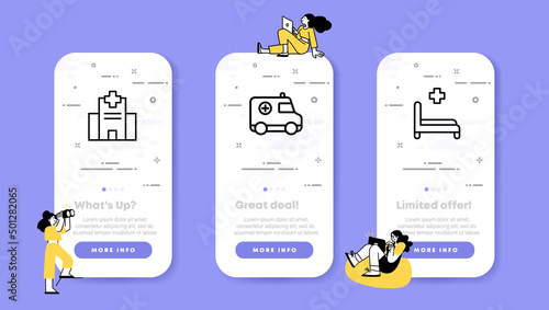 Disease set icon. Hospital, ambulance, bed, ward. Health care concept. UI phone app screens with people. Vector line icon for Business and Advertising