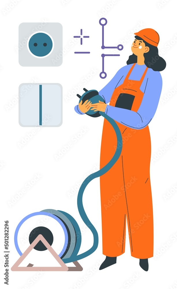 Electrician woman fixing socket, handy worker Electrician woman fixing socket, handy worker