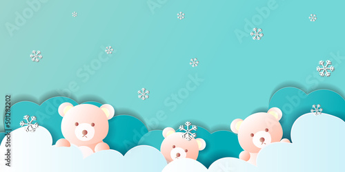 Bears Sitting on the Cloud, Paper cut style, Hand drawn vector illustration