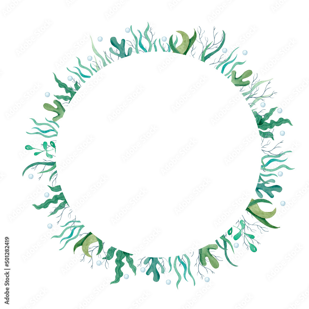 Watercolor hand-drawn round frame with seaweed and corals on white background.