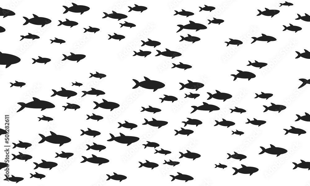 Fototapeta premium Silhouettes school of fish with marine life of various sizes swimming fish flat style design vector illustration. Colony of big and small sea animals.