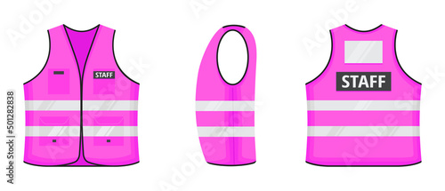 Safety reflective vest with label STAFF tag flat style design vector illustration set. Pink fluorescent security safety work jacket with reflective stripes. Front, side, back view uniform vest.