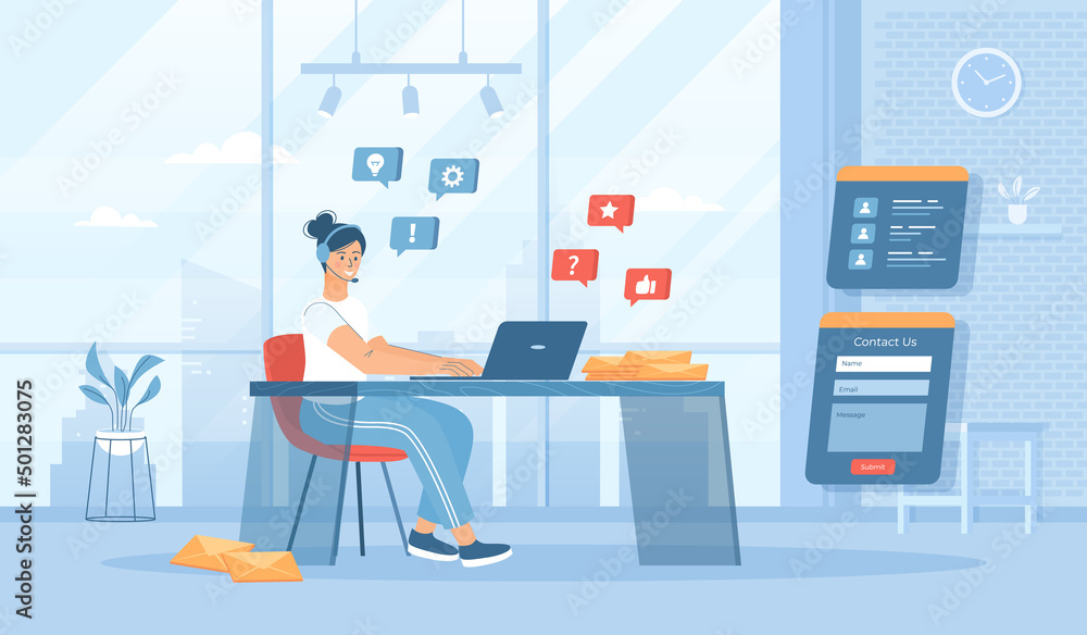 Customer service, Problem solving, Client support. Operator answer for clients calling. Flat cartoon vector illustration with people characters for banner, website design, landing web page Customer service, Problem solving, Client support. Operator answer for clients calling. Flat cartoon vector illustration with people characters for banner, website design, landing web page