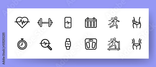 Healthy lifestyle set icon. Heartbeat, dumbbell, figure, waist, stopwatch, running, scale, clock, treadmill etc. Sport concept. Vector line icon for Business and Advertising