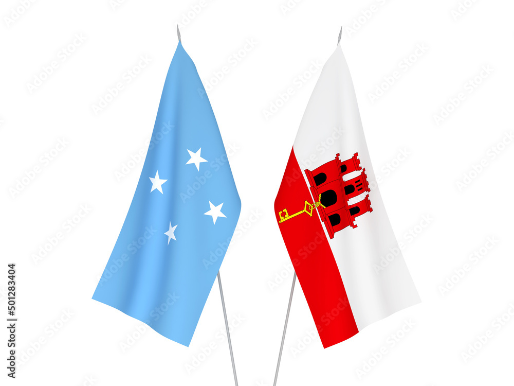 Obraz premium National fabric flags of Gibraltar and Federated States of Micronesia isolated on white background. 3d rendering illustration.