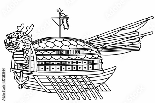 A Geobukseon, also known as turtle ship, was a type of large Korean warship that was used by the Royal Korean Navy during the Joseon dynasty. Vector line art illustration.