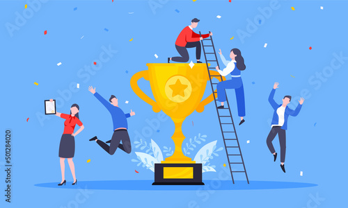 Happy business employee team winners award ceremony flat style design vector illustration. Employee recognition and best worker competition award team celebrating victory winner business concept.