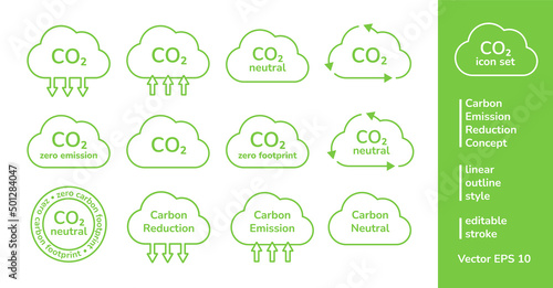 CO2 emission reduction outline icon set bundle. Carbon dioxide gas zero footprint, CO2 neutral, greenhouse effect concept. Set of different ecology environment linear certificate, label, symbol, sign.