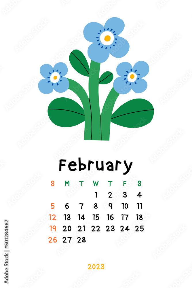 Beautiful Floral Calendar - February 2023. Botanical printable Vector