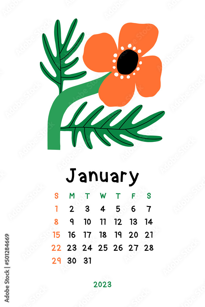 Beautiful Floral Calendar - January 2023. Botanical printable Vector