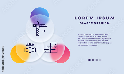 Construction set icon. Foundation, pipes, plumbing, gas pipeline, crane. Construction work oncept. Glassmorphism style. Vector line icon for Business and Advertising