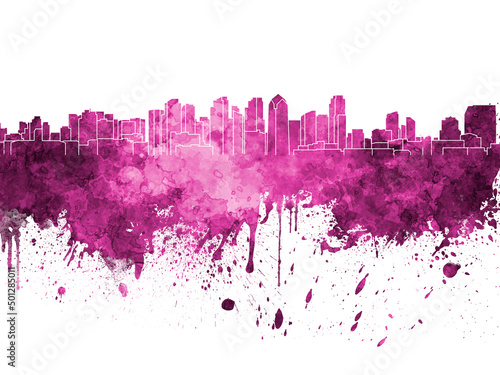 San Diego skyline in pink watercolor on white background