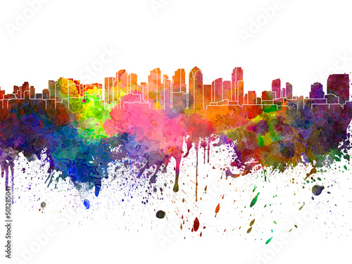 San Diego skyline in watercolor on white background