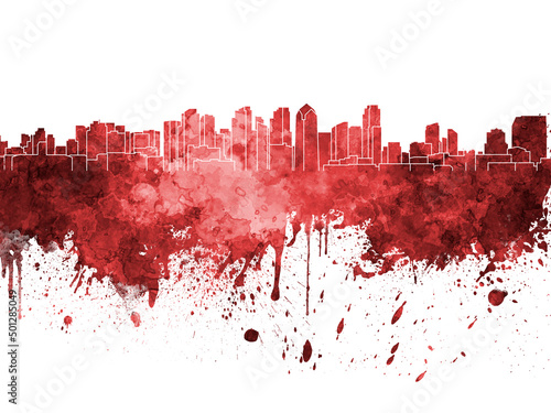 San Diego skyline in red watercolor on white background